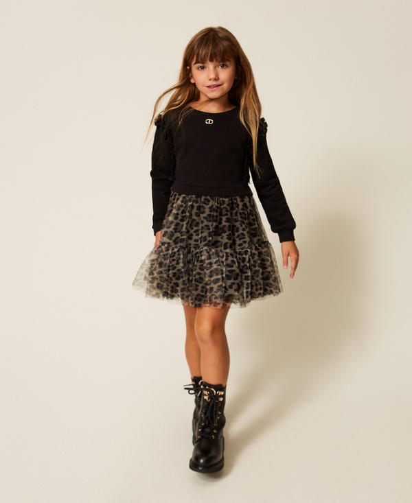 Girls' short plush fabric dress with animal print tulle