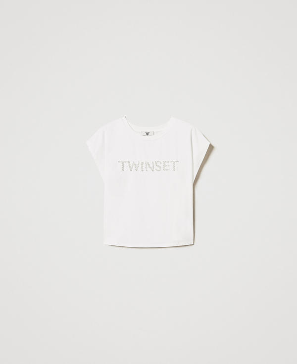 T-shirt con ricamo logo di perle
