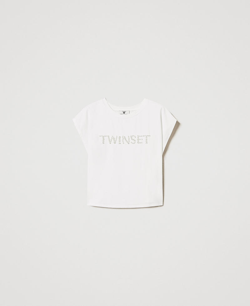T-shirt con ricamo logo di perle Bianco Sugar Donna 251LM2TAA_00632_S0