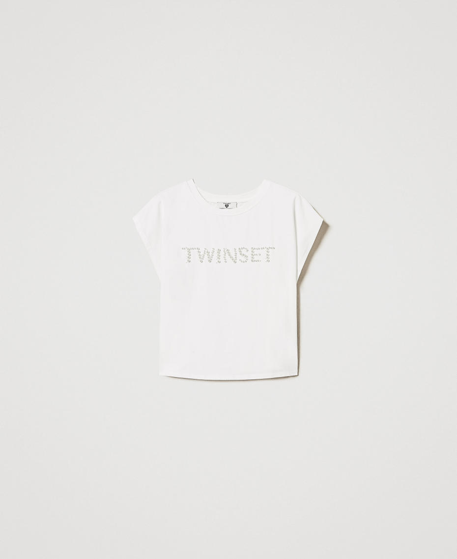 T-shirt con ricamo logo di perle Bianco Sugar Donna 251LM2TAA_00632_S0