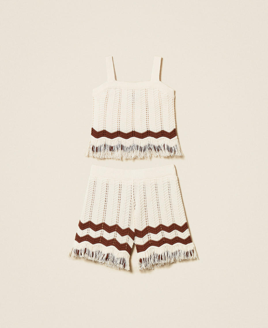 Knit top and shorts with zig-zag pattern Two-tone Milk/Dark Root Brown Girl 261GJ3021_13198_S0