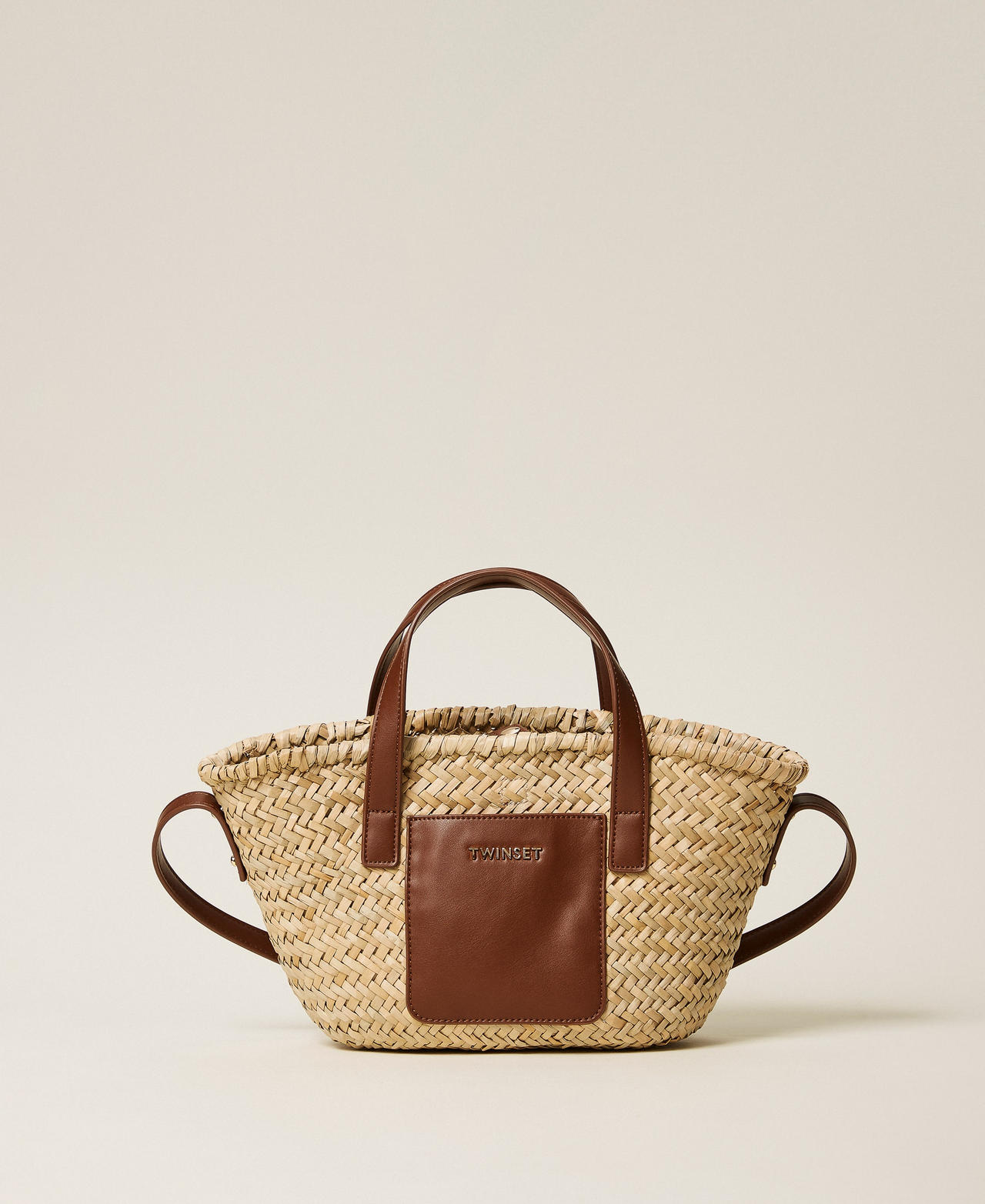 Twinset Girls Two-Tone "Straw" Beige / "Leather" Brown Straw Shopper Bag