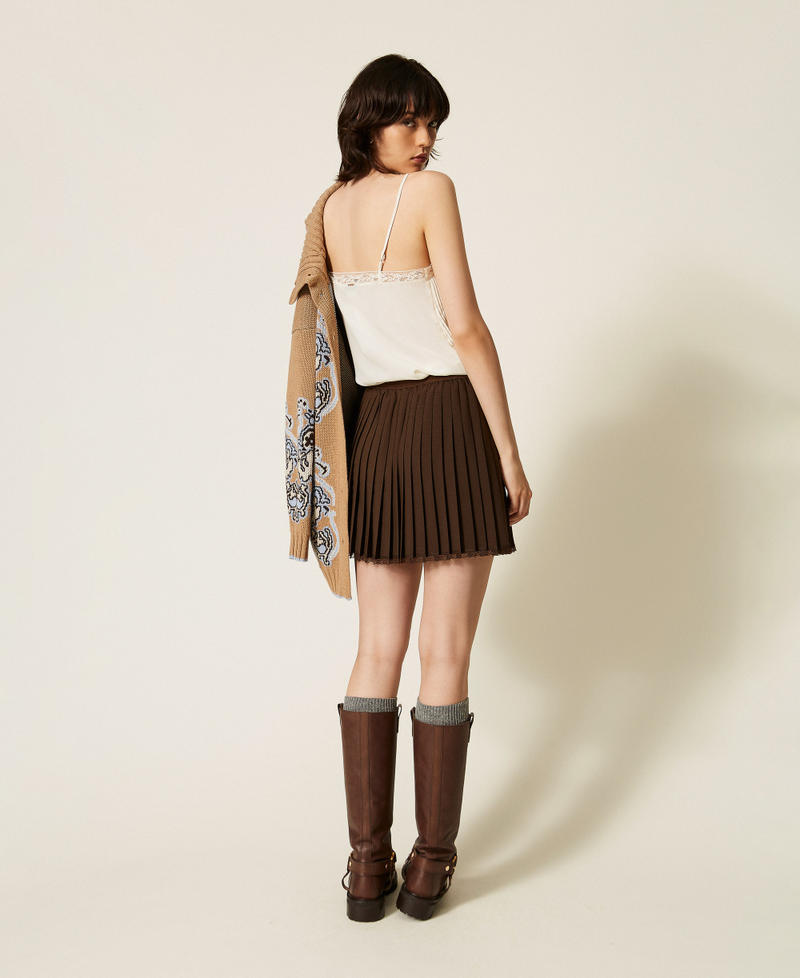 Pleated cr&ecirc;pe de Chine short skirt Darkness Brown Woman 262TP2351_13411_03