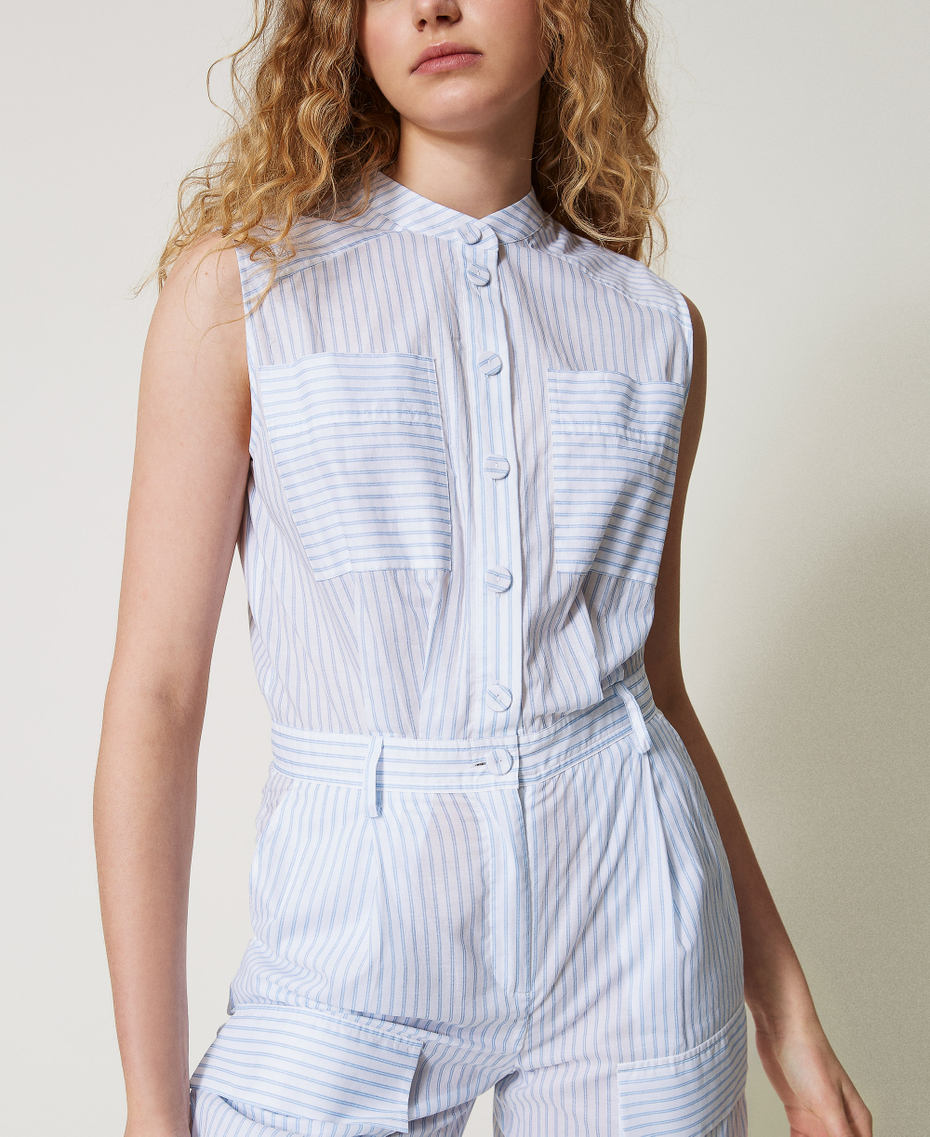 Full-length striped poplin jumpsuit Two-tone Papers White/Deep Light Blue Woman 251AX2051_12399_03
