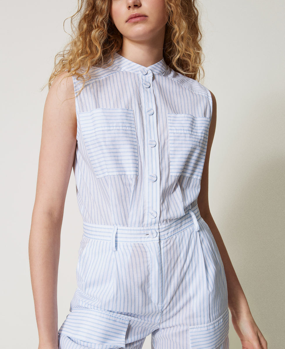 Combinaison longue en popeline ray&eacute;e Bicolore Blanc &laquo;&nbsp;Papers&nbsp;&raquo;/Bleu Intense Femme 251AX2051_12399_03