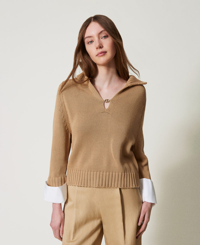 Cotton and poplin jumper Two-tone Rope Beige/Optical White Woman 251TE3050_12425_01
