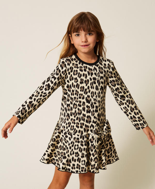 Girls' short scuba fabric dress with animal print