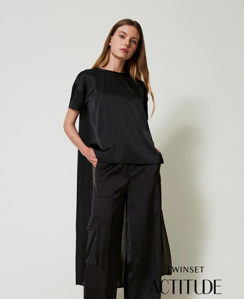 Blouse asymetrique en satin et crepe georgette Femme Noir TWINSET Milano