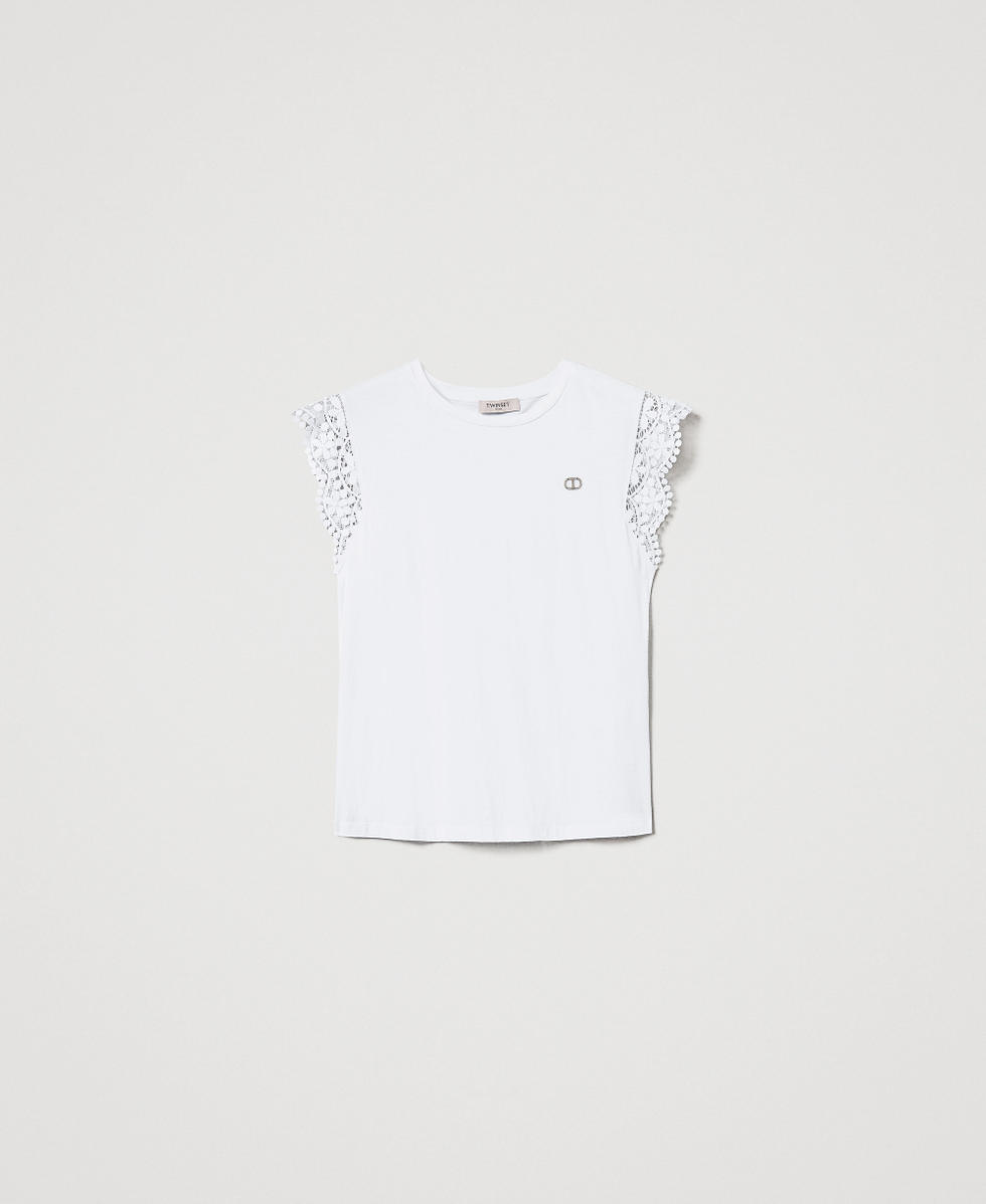 T-Shirt mit Fl&uuml;gel&auml;rmeln aus Spitze Wei&szlig; Frau 251TT2411_00001_S0
