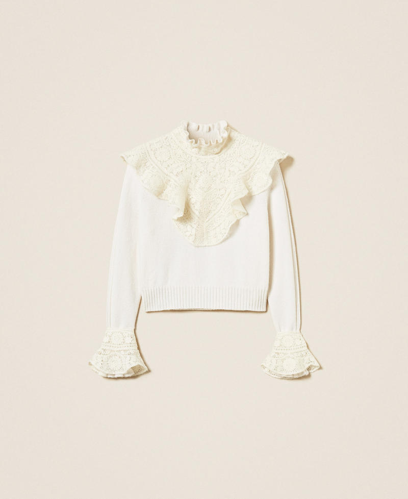 Wool blend jumper with ruffles and lace White Snow Woman 252TS3021_00282_S0