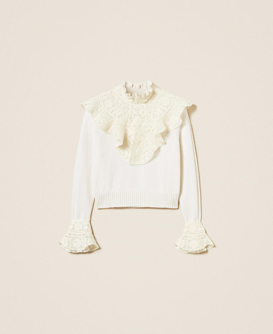 Wool blend jumper with ruffles and lace White Snow Woman 252TS3021_00282_S0