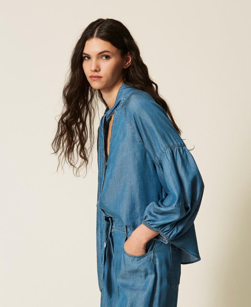 Denim shirt with bow Light Blue Denim Woman 261AT2054_07283_02