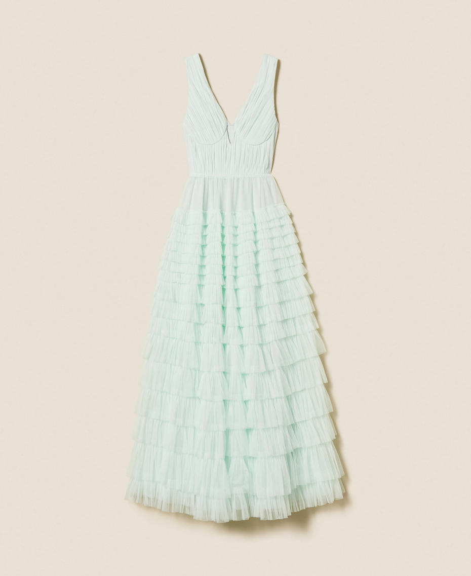 Long pleated tulle dress Aqua Blue Woman 261TP208A_13162_S0