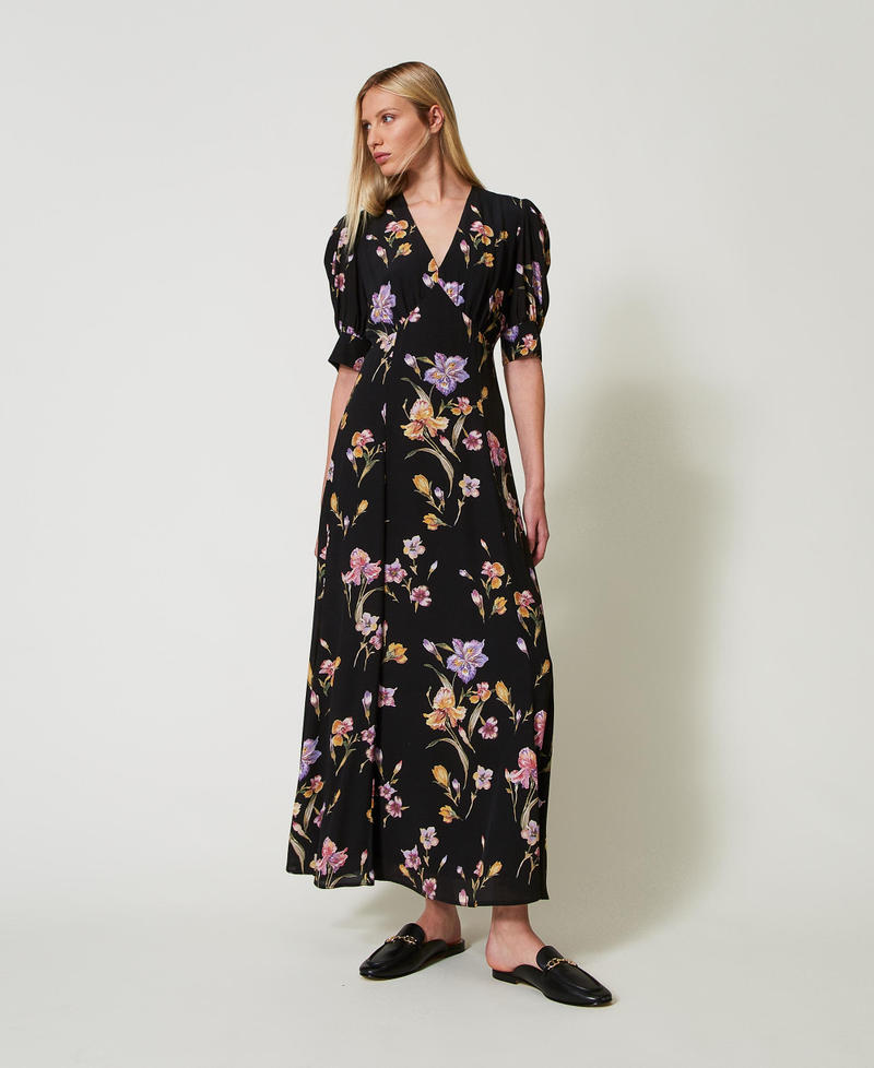 Long cr&ecirc;pe de Chine floral dress Multicolour/Black Iris Print Woman 251TP2770_12328_01