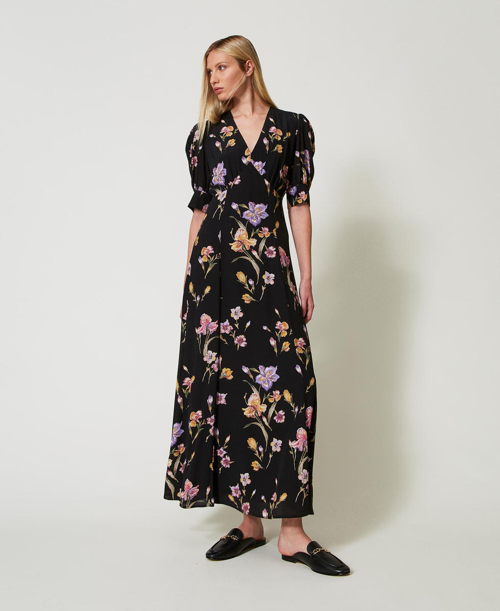 Long crêpe de Chine floral dress Woman, Black | TWINSET Milano