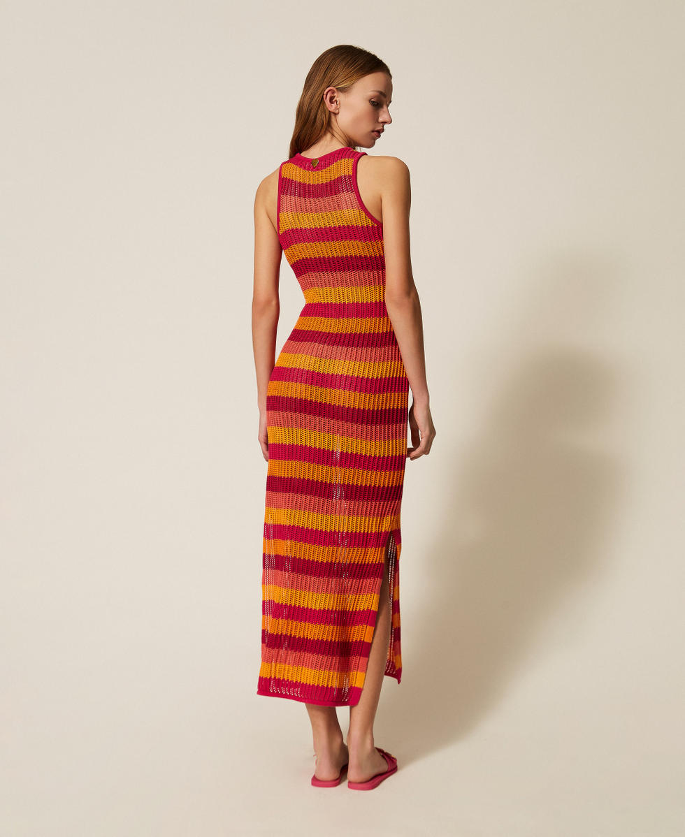 Long striped knit dress Fuchsia/Orange Stripe Mix Woman 261LB3BAA_13377_03
