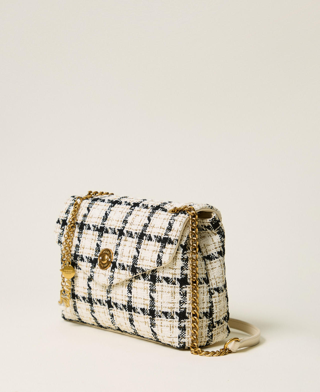 Umh&auml;ngetasche aus kariertem Boucl&eacute; Boucl&egrave; Karos Lilie / Schwarz / Gold Frau 262TB7320_13859_02