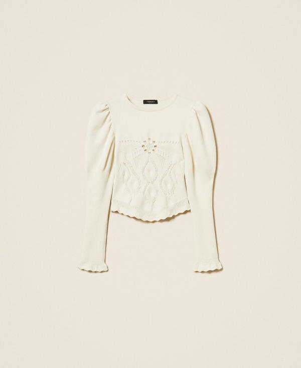 Wool blend jumper with crochet pattern