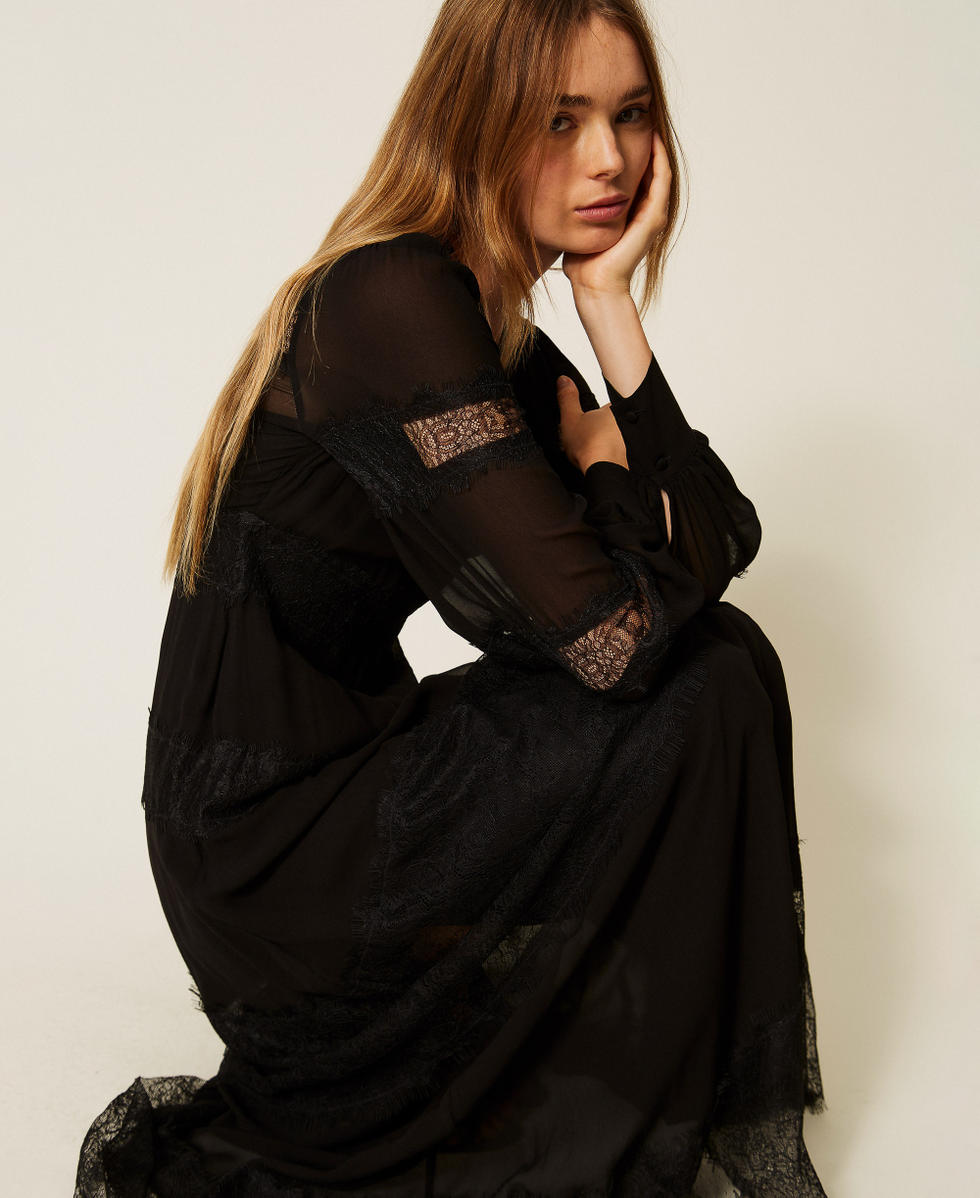 Maxikleid aus Georgette und Spitze Schwarz Frau 262TT2630_00006_PD