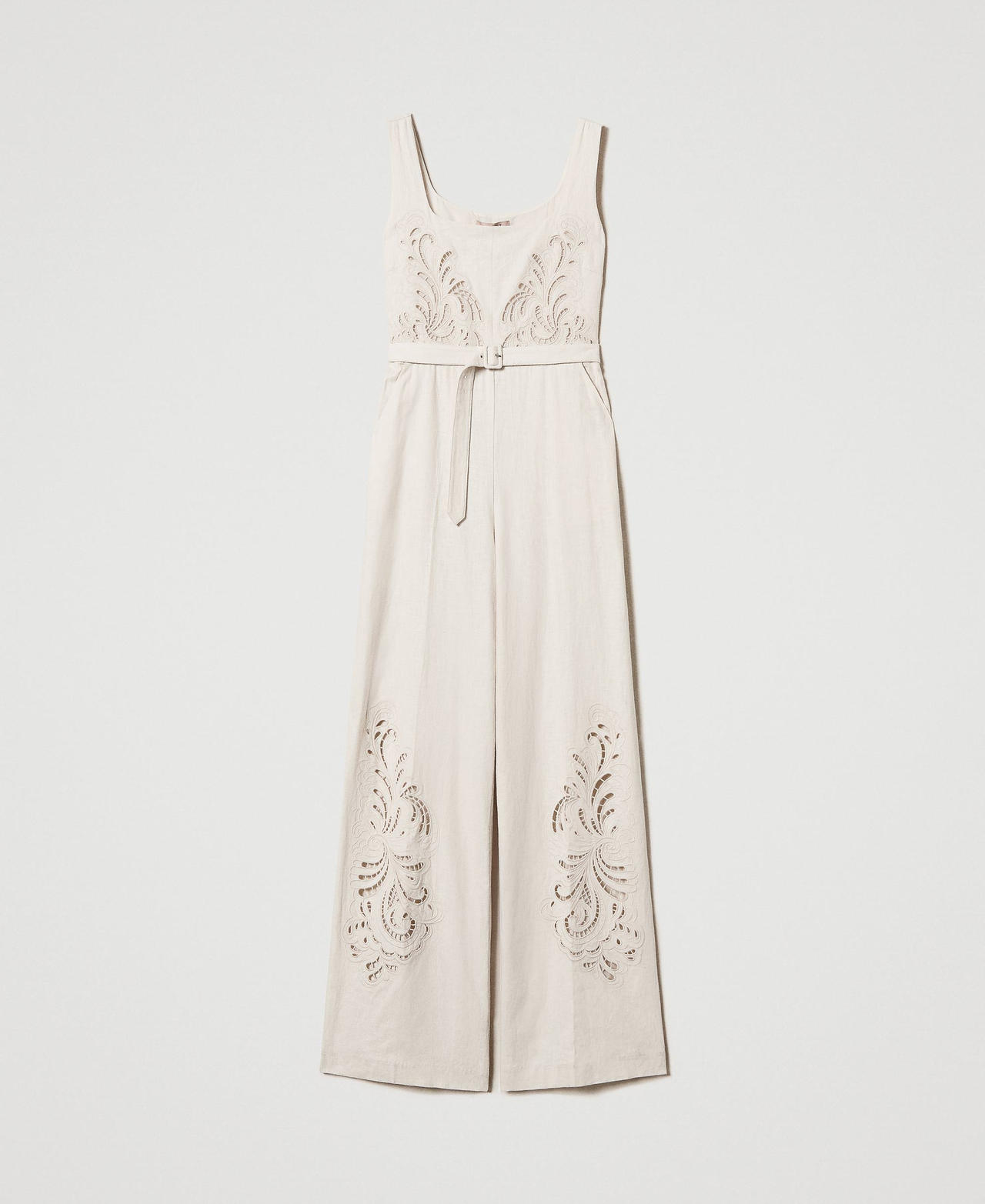 Linen blend jumpsuit with embroidery Mother Of Pearl Woman 251TP2163_00059_0S