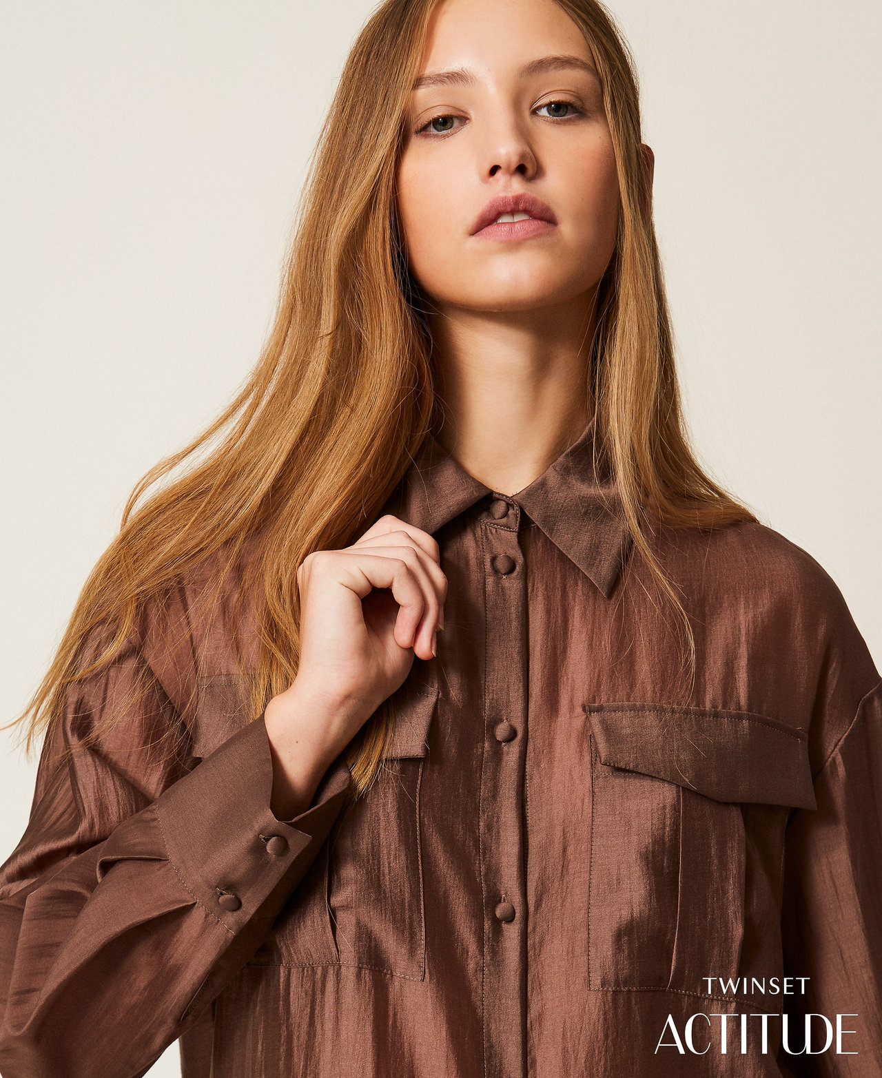 ちこVoile Front Press Shirt Voile shirt with pockets Woman, Brown | TWINSET Milano