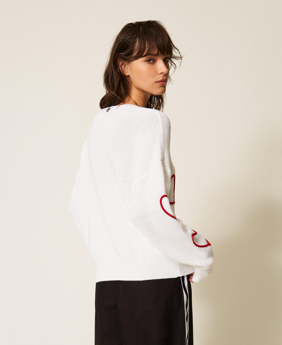 Jumper with embroidered hearts Two-tone Off White/Magenta Red Embroidery Woman 261AP3130_13228_03
