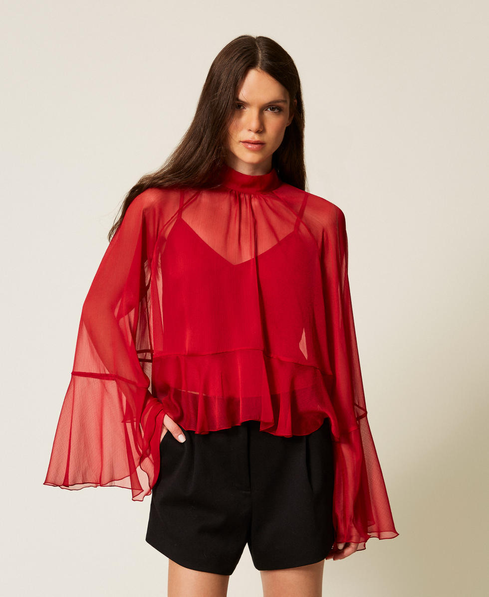 Bluse aus Voile mit Volant Kirsch Rot Frau 252AT2213_00034_01