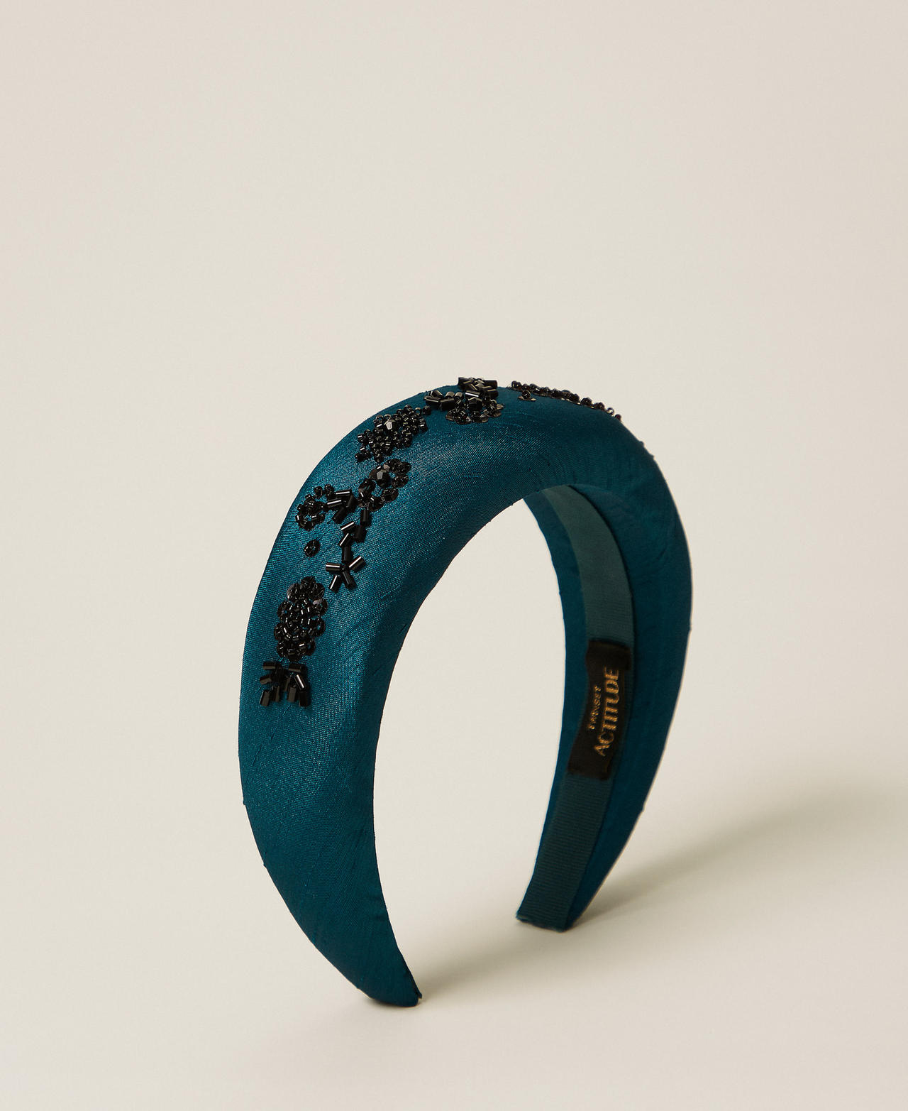 Embroidered shantung headband Green Heron Woman 252AA4031_12557_03