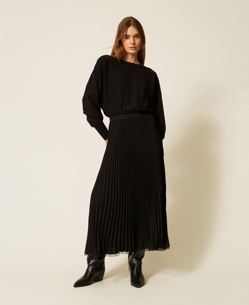 Robe longue en maille et cr&ecirc;pe pliss&eacute; Noir Femme 262TP3250_00006_04