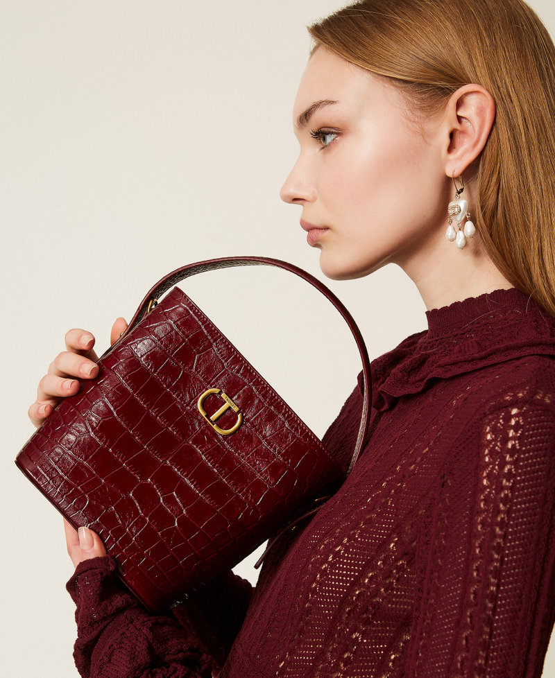 Borsa a secchiello in pelle a stampa coccodrillo Red Berry Donna 252TD8257_12882_T0