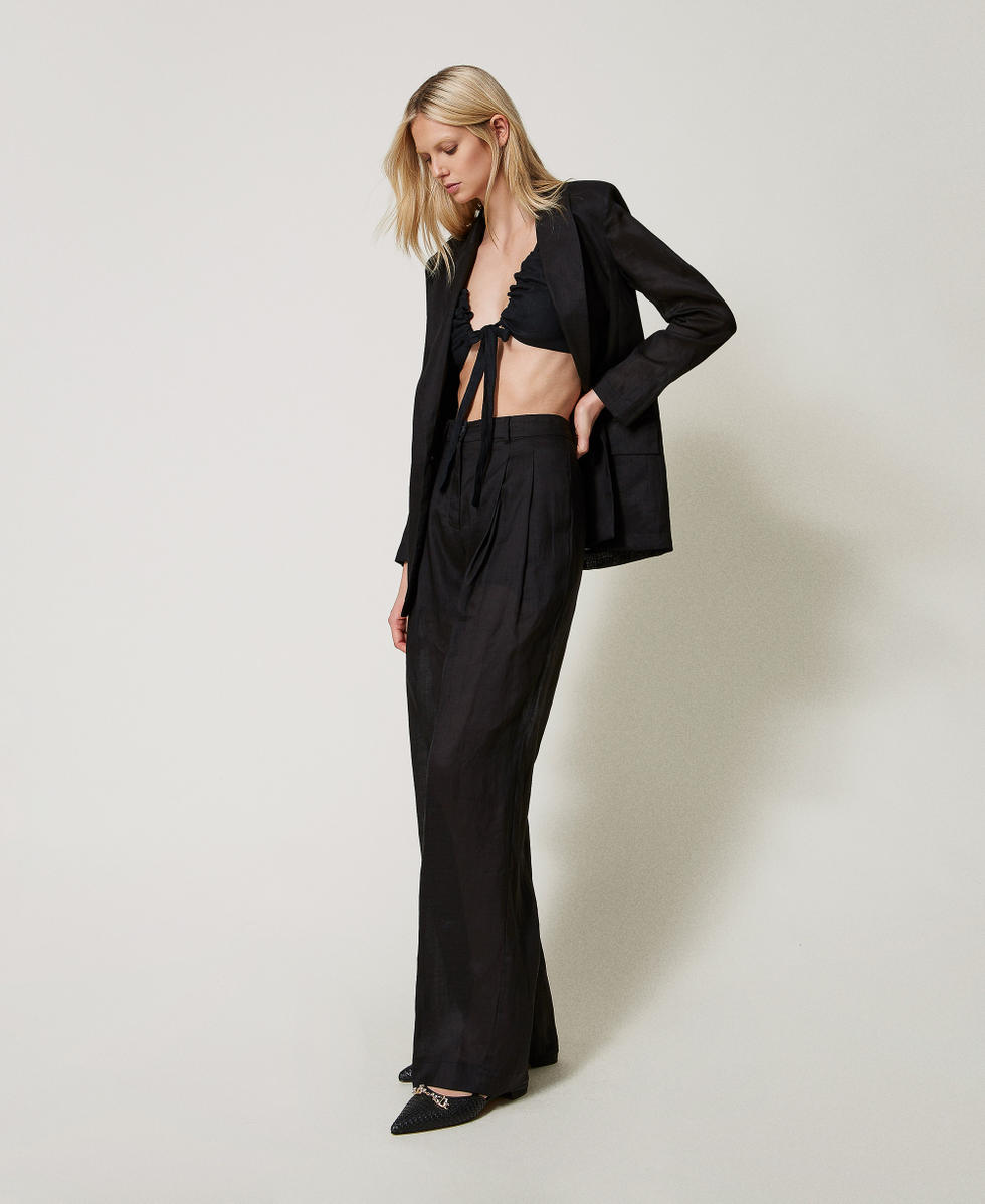 Pantalon en ramie avec plis Noir Femme 251TF2031_00006_02