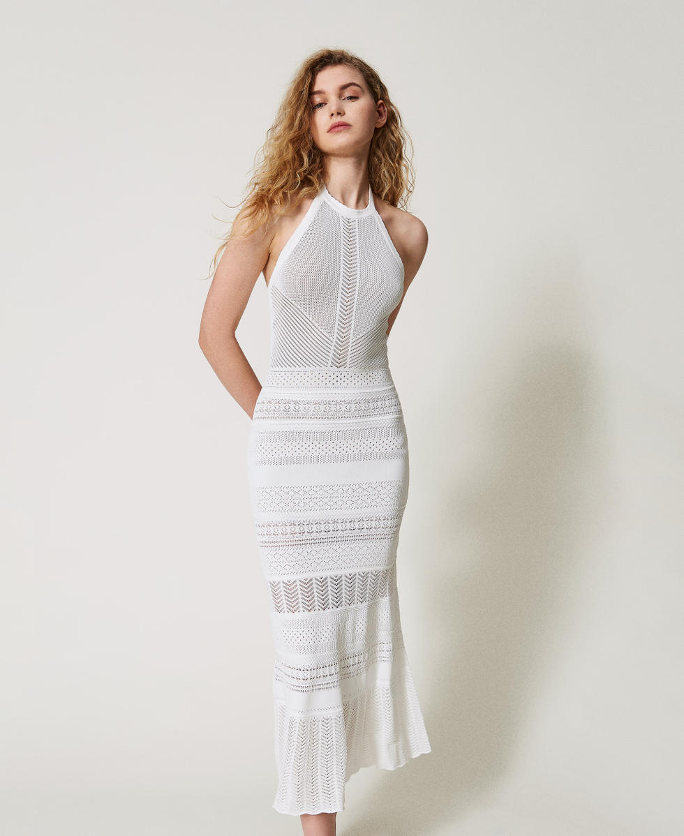 Abito lungo halter in maglia punzonata Bianco Neve Donna 251TT3105_00282_01