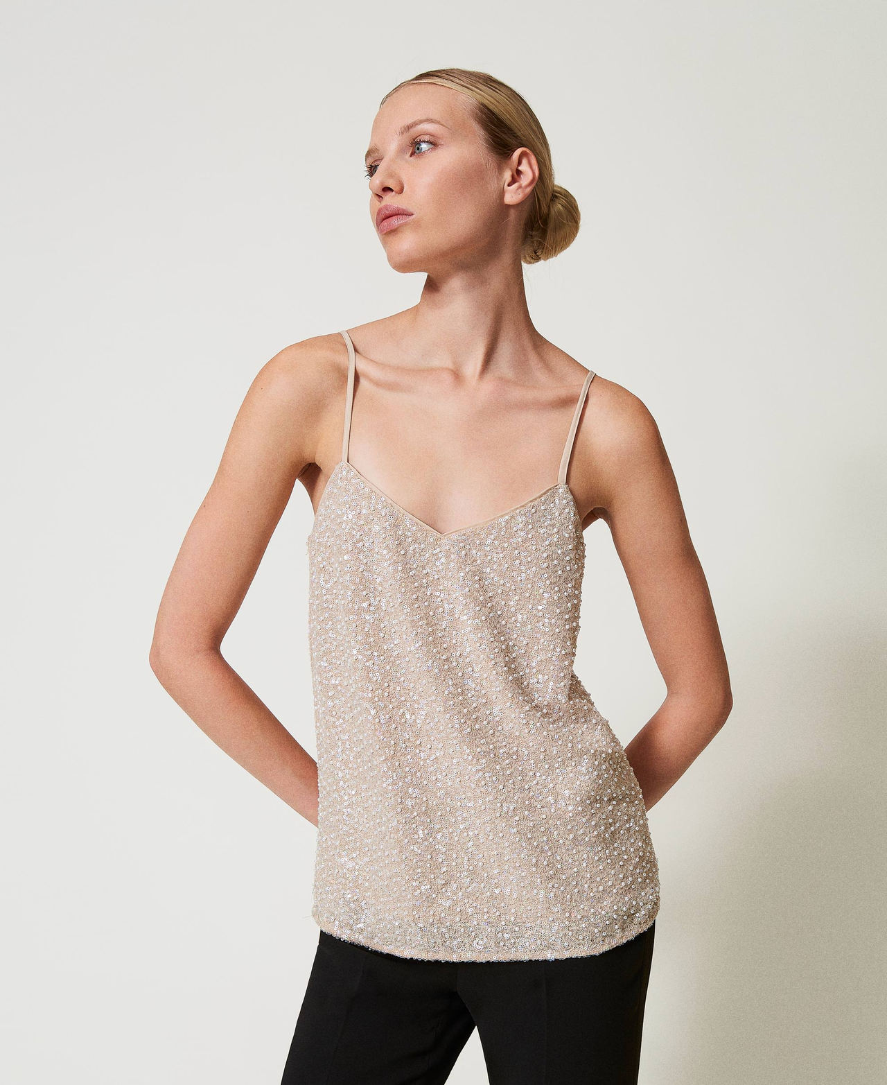 Top de lentejuelas y cuentas Bordado Sequins Pearls Nieve / Delicate Beige Mujer 251TP2201_12254_01