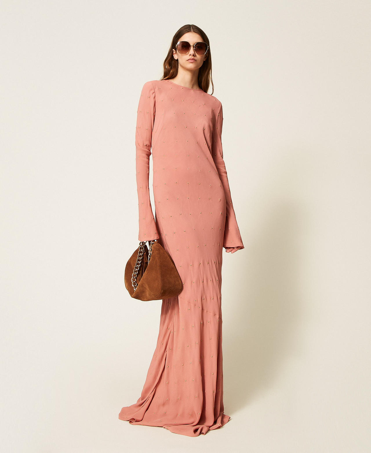 Long dress with lurex embroidery and deep neckline Rust Brown Woman 252TP2035_12608_01