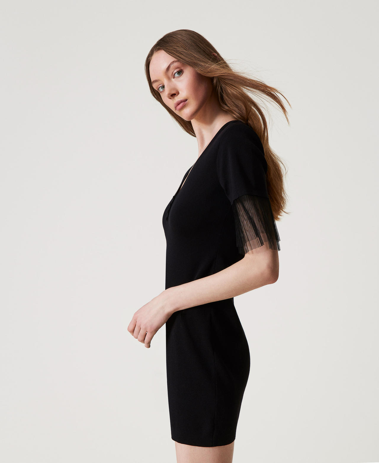 Short knit dress with tulle ruffles Black Woman 251LL3MBB_00006_02