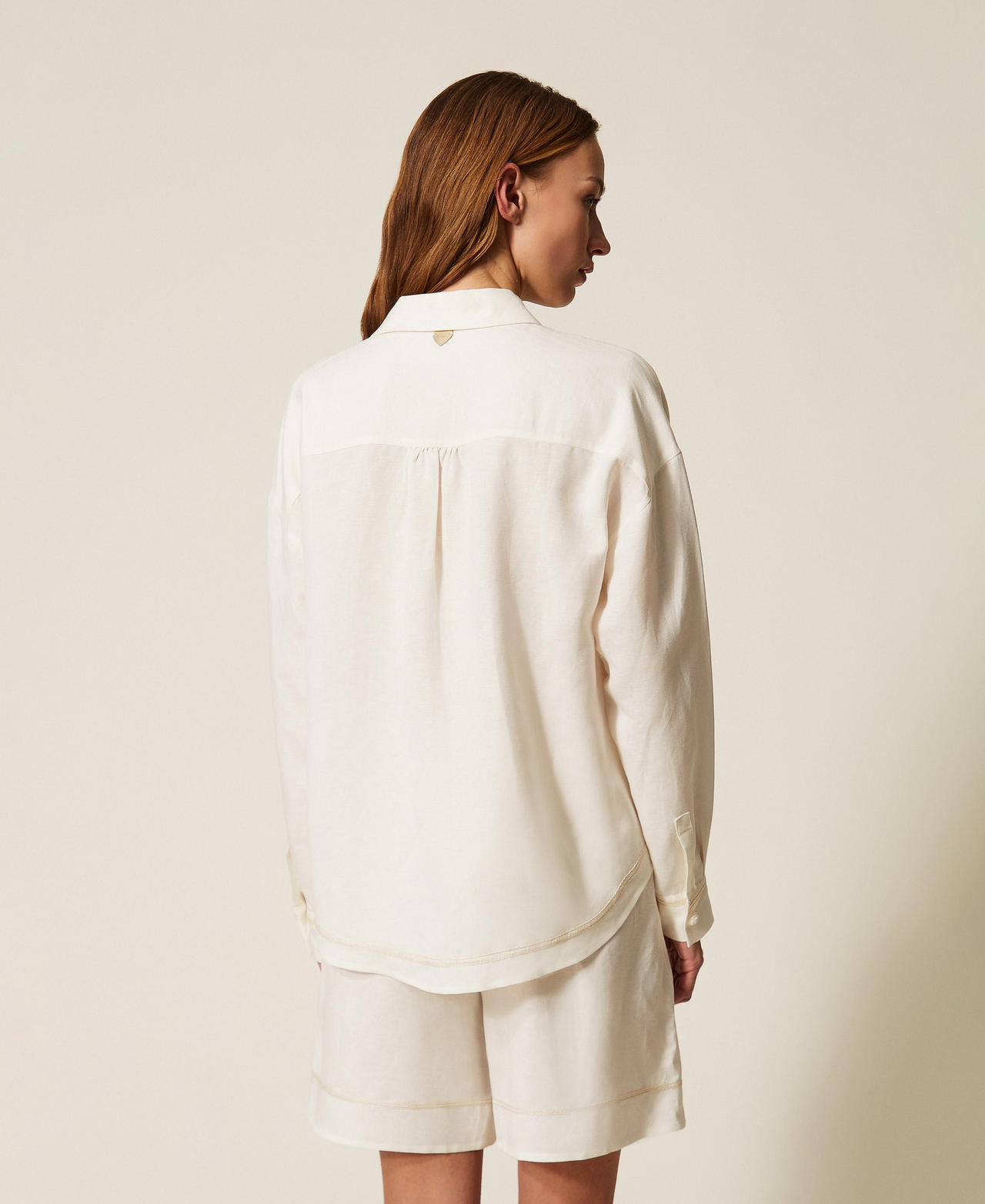 Linen blend shirt with embroidery Two-tone Vanilla White/Fog Woman 261LM2MAA_13584_03