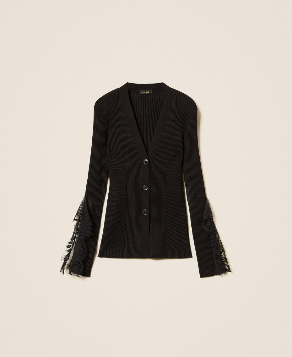 Fitted knit cardigan with lace Black Woman 262AP3101_00006_S0