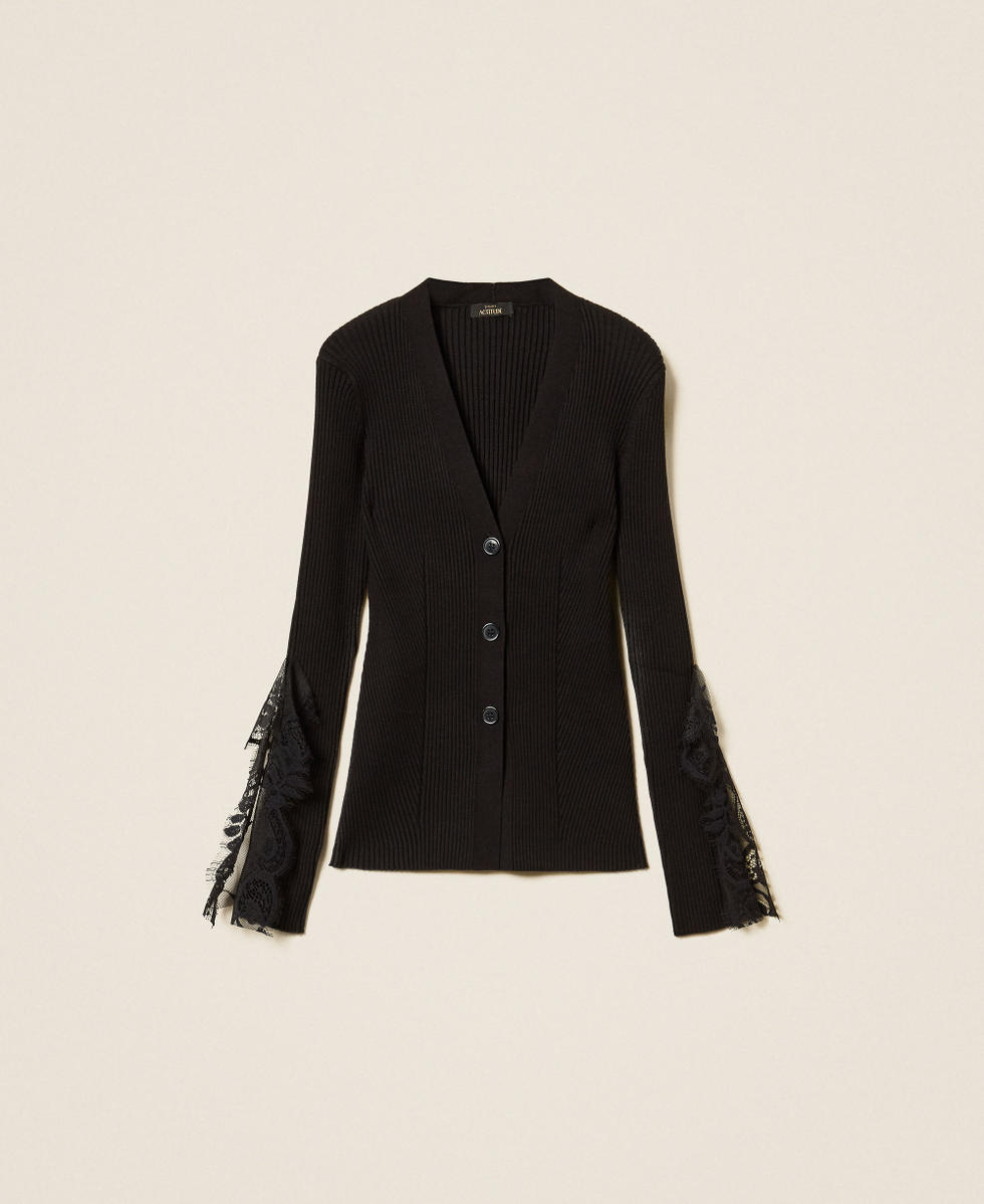 Cardigan ajust&eacute; en maille avec dentelle Noir Femme 262AP3101_00006_S0