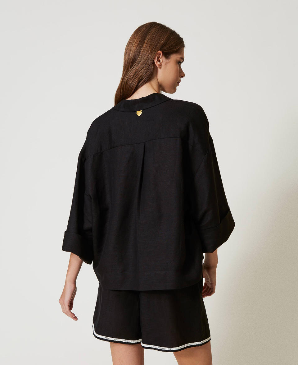 Linen blend blouse with embroidery Bicolour Black / Mother-of-pearl White Woman 251LB2FCC_02710_03