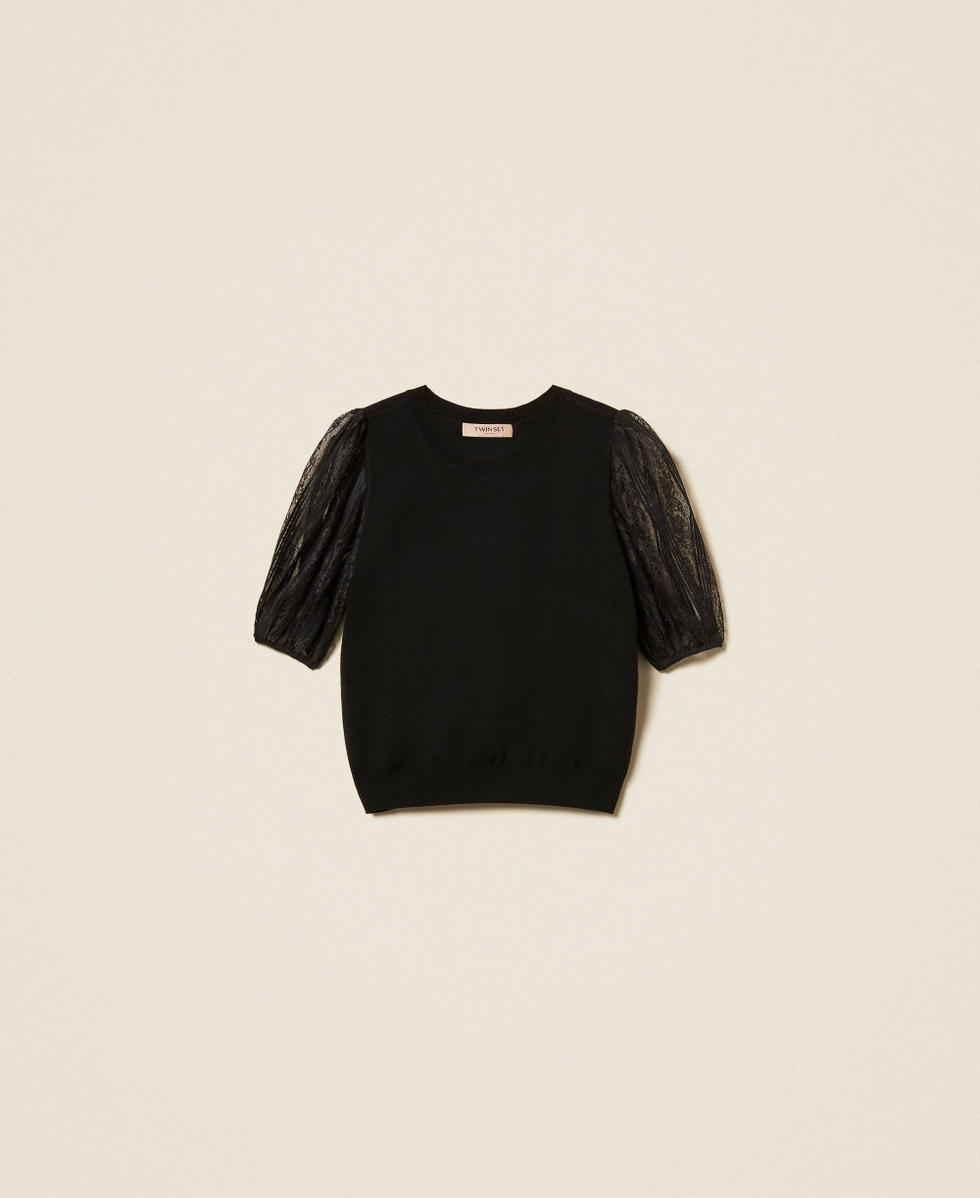 Pull avec manches courtes en dentelle Noir Femme 261TP3431_00006_S0