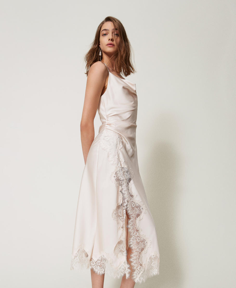 Robe midi en satin et dentelle Blanc &laquo;&nbsp;Old White&nbsp;&raquo; Femme 251TQ2012_11748_02