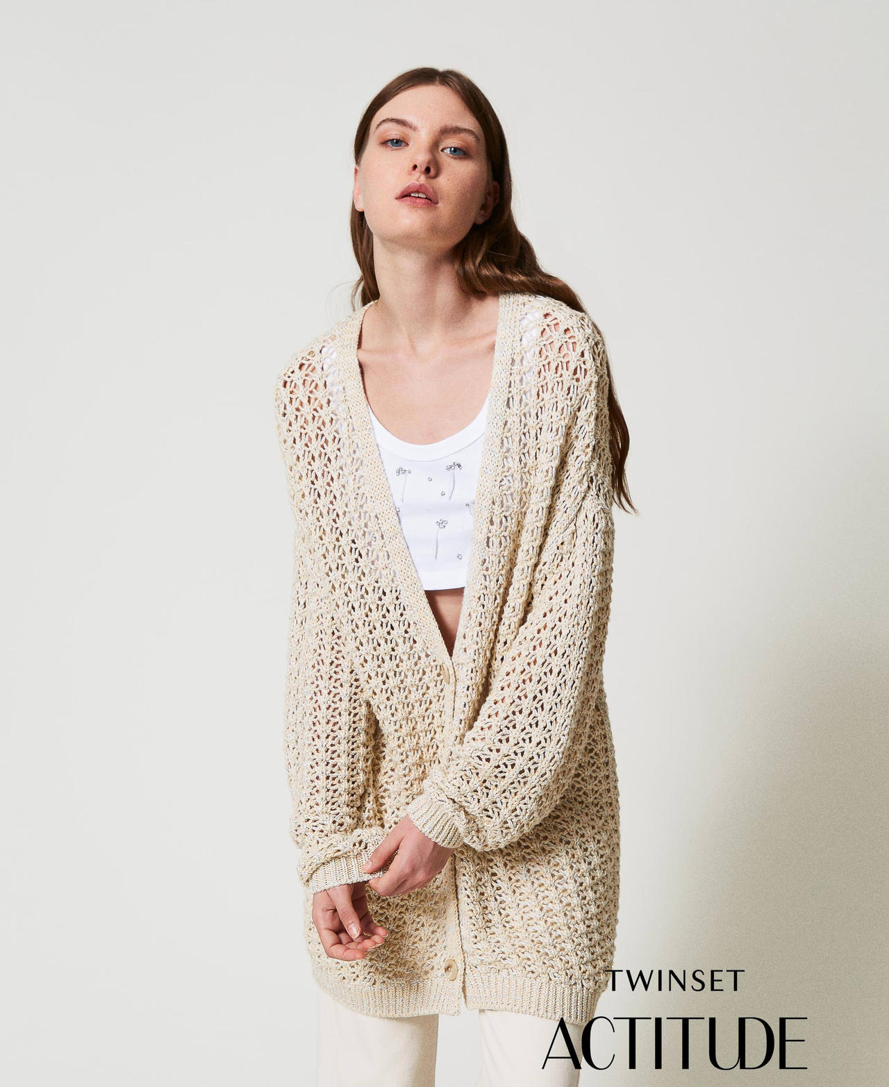 魅了 cardigan maxi Openwork Woman, Milano TWINSET | Beige トップス