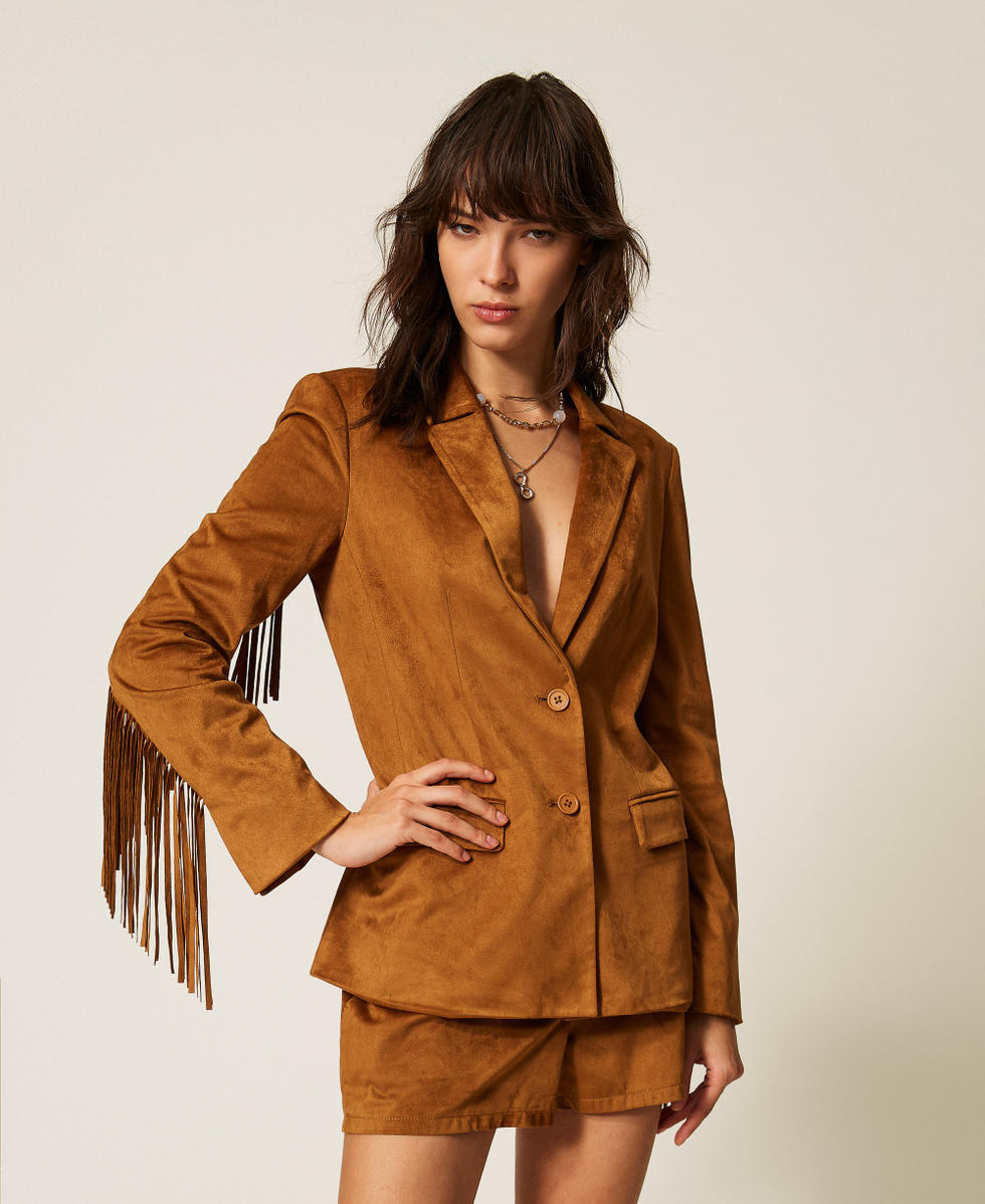 Blazer en su&eacute;dine avec franges Marron &laquo;&nbsp;Rubber&nbsp;&raquo; Femme 261AP2331_10065_01