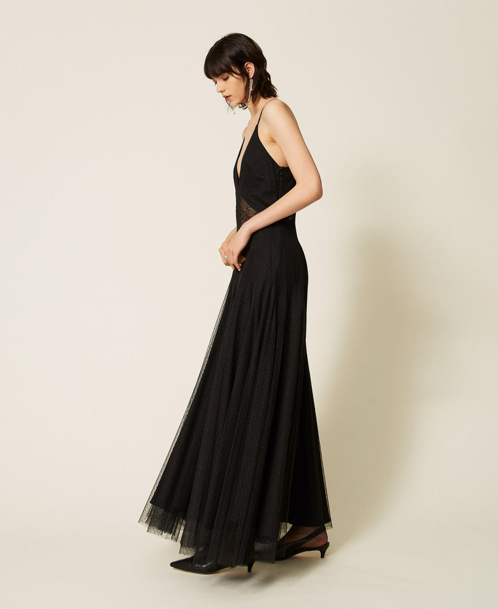 Vestido largo de tul plumetis y encaje Negro Mujer 262TP2213_00006_02
