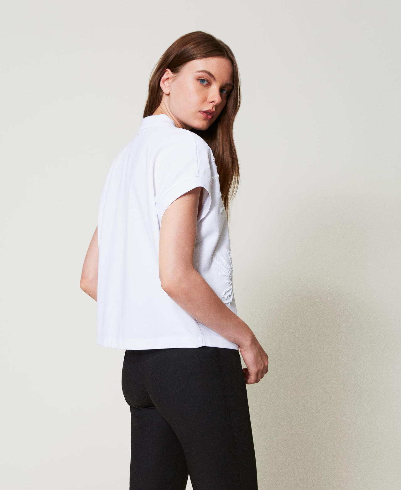 Pique polo T-shirt with embroidery "Papers" White Woman 251AP2180_00840_02