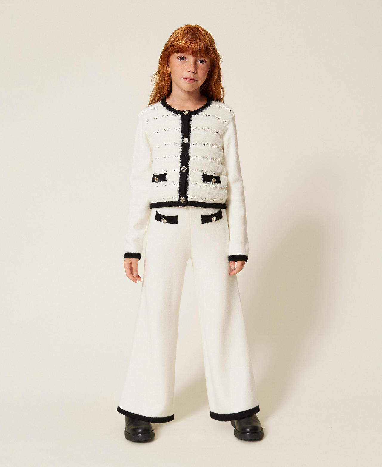 TWINSET - Pantalon en maille avec boutons et liseré, Femme, Bicolore Blanc Neige / Noir, 12A