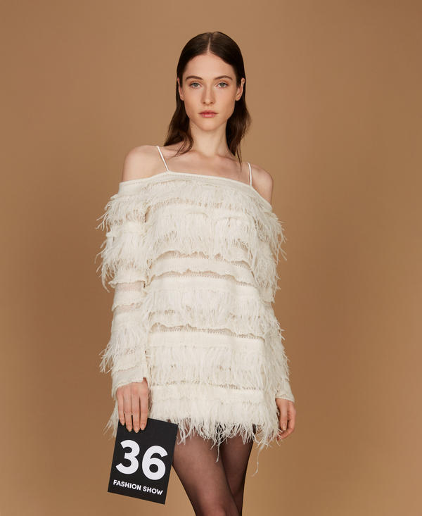 Short off shoulder knit dress with feathers