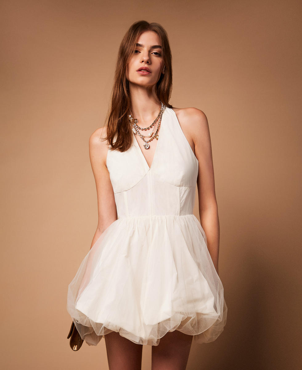 Robe courte en taffetas et tulle Nacre Femme 252TT2283_00059_T0