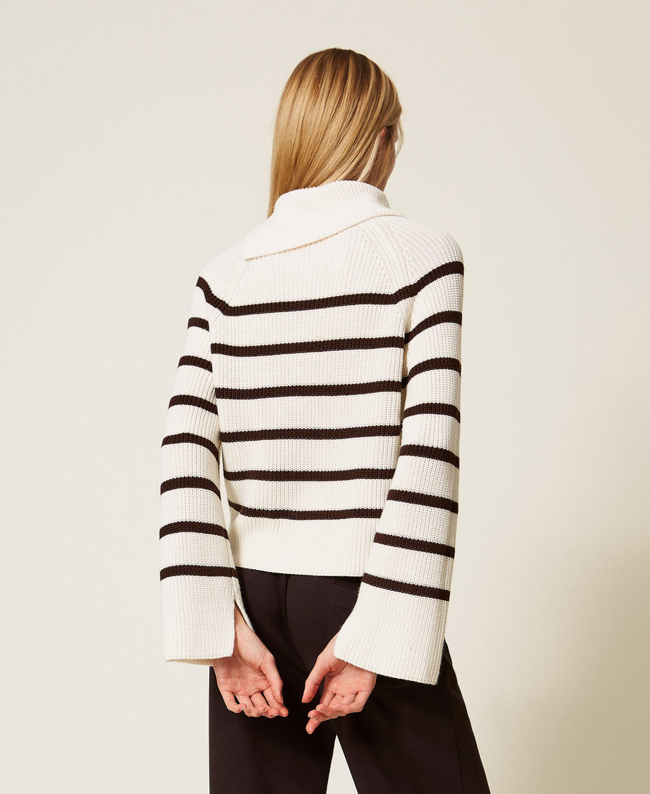 Striped jumper with asymmetrical collar Off White/Chocolate Stripe Woman 252LI3LCC_12727_03