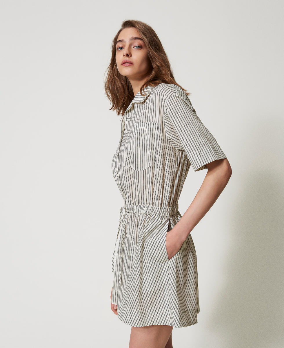 Robe courte en popeline ray&eacute;e Bicolore Ivoire / Noir Femme 251AX2100_06172_01
